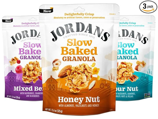Jordans Slow Baked Granola | Variety Pack | Mixed Berry, Honey Nut, Four Nut | No Artificial Flavors, Colors, or Preservatives | Better for You Snacks for Adults & Kids | 11.4 oz (3 Pack)