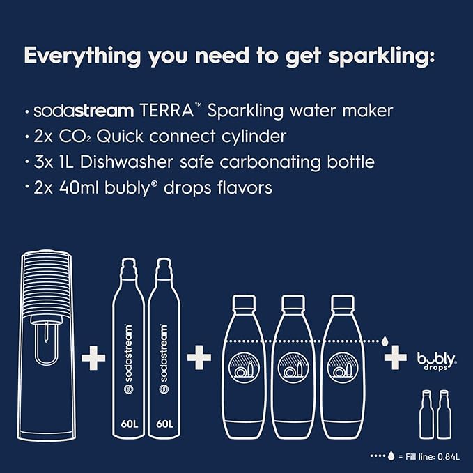 SodaStream - Terra Sparkling Water Maker | VALUE BUNDLE | CQC CO2 system | Includes 2x CO2 Cylinders, 3x 32 Fl Oz Dishwasher Safe Bottles, 2x Bubly Flavor Drops | Combine with Pepsi Flavors | Black