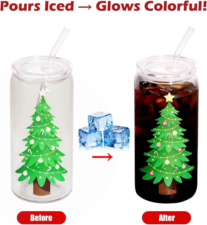 Christmas Gifts, 18oz Color Changing Christmas Glass Cups with Lids and Straw, Glass Tumbler Iced Coffee Drinks Cups for Holiday Party (1 Pack)