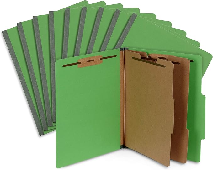 10 Green Classification Folders, 2 Divider, 2 Inch Tyvek expansions, Durable 2 Prongs Designed to Organize Standard Medical Files, Law Client Files, Office Reports, Letter Size, Green, 10 Pack