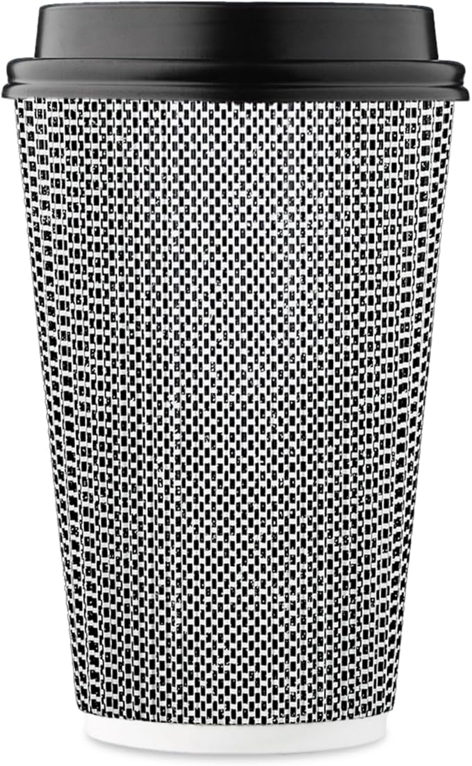 [85 SET]Harvest Pack 16 oz Coffee Cups, Disposable Insulated Coffee Cups, Ripple Double-Walled Paper Cups with Lids, Black and White Geometric, Drinking Cups for Tea Hot Chocolate Drinks To go