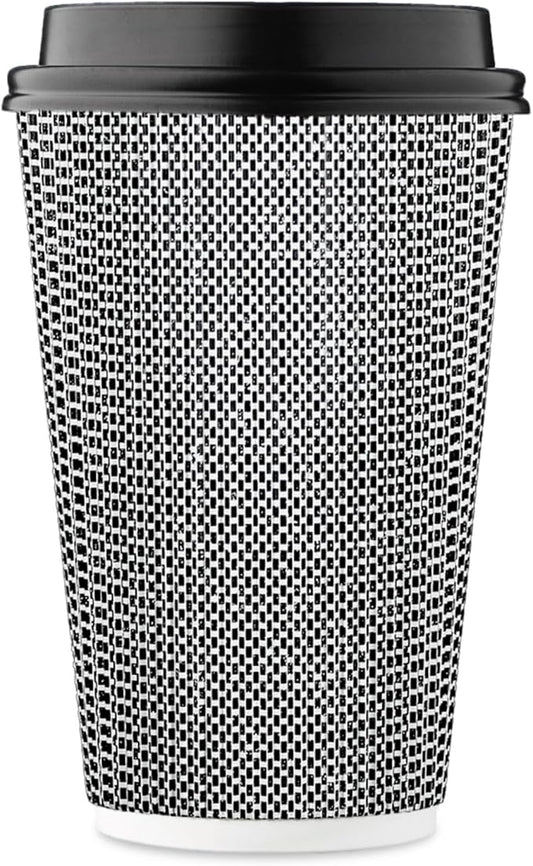 [85 SET]Harvest Pack 16 oz Coffee Cups, Disposable Insulated Coffee Cups, Ripple Double-Walled Paper Cups with Lids, Black and White Geometric, Drinking Cups for Tea Hot Chocolate Drinks To go