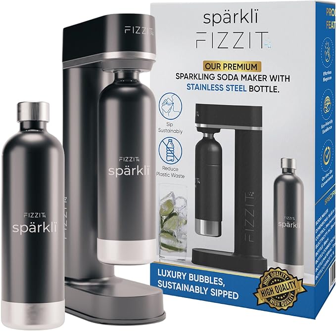 Black Stainless Steel Sparkling Water Maker with 2 CO2 Cylinders & 1L Reusable Bottle
