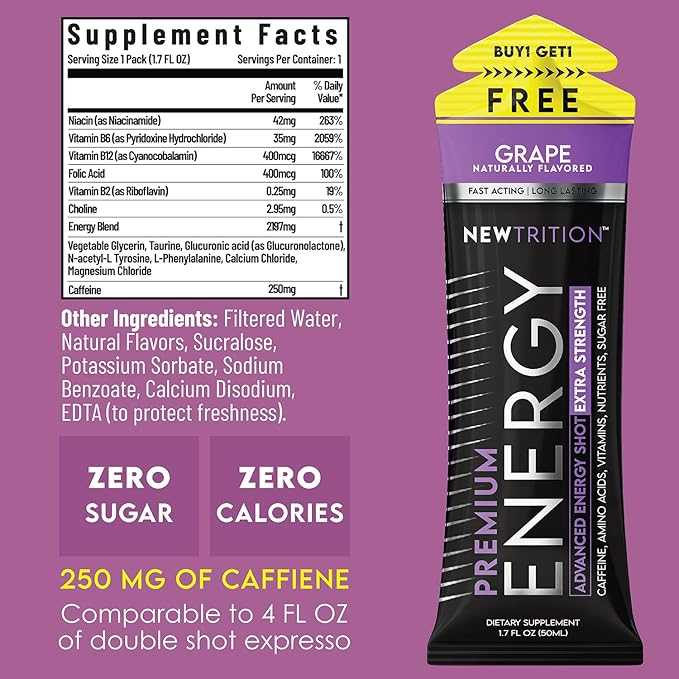 NewTrition® Extra Strength Energy Shots, 250mg Caffeine Energy Shots with Vitamin B & Amino Acids, Sugar-Free Vitamin Energy Shot, 1.7 fl oz (Pack of 12, Grape)