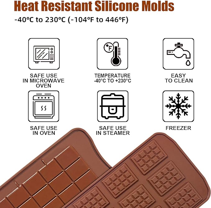 Walfos Break-Apart Chocolate Molds, Non-Stick Silicone Chocolate Bar Mold, Food Grade Candy Bar Mold, Perfect for Energy Bar, Cocoa Mini Bar, Basic Bites, 4 Pack