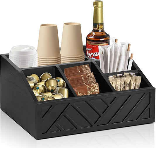Coffee Pod Holder and Bar Accessories, Wood Station Organizer for Decor, Syrup and Condiment Organizer, Black