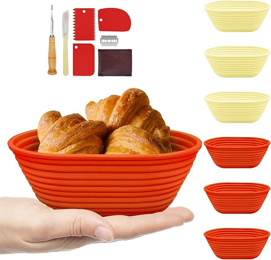 Silicone Banneton, Sourdough Bread Baskets (Set of 6, 6.5 Inch), Oval Proofing Bread Bowls with Starter Kit, Bread Making Baking Supplies