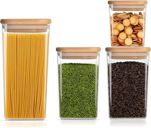 Square Storage Containers with Lids, Clear Food Storage Container Jar with Sealing Bamboo Lid for Noodles Flour Cereal Rice Sugar Tea Coffee Beans