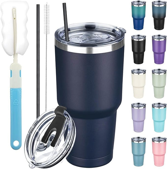 30 oz Tumbler with Lids and Straws, Stainless Steel Insulated Coffee Tumbler, Double Wall Vacuum Insulated Travel Mug Cup, Leakproof Thermal Coffee Cup for Hot and Cold Drinks (Navy Blue)