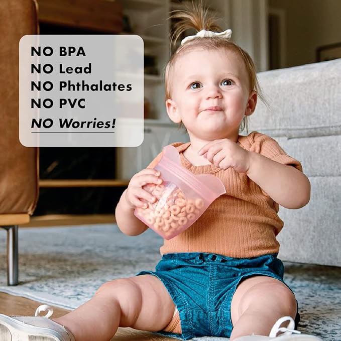Zip Top Reusable 100% Silicone Baby + Kid Snack Containers - The only containers that stand up, stay open and zip shut! No Lids! Made in the USA - Pink Pig
