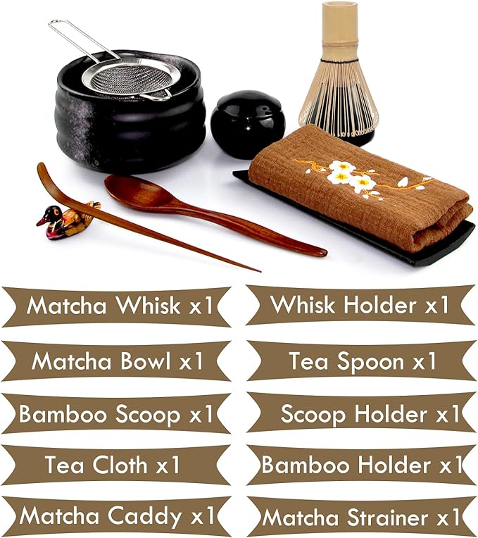 Artcome 10Pcs Japanese Matcha Tea Set, Matcha Bowl, Matcha Whisk, Whisk Holder, Traditional Scoop, Tea Spoon, Tea Cloth, Bamboo Holder, Scoop Holder, Matcha Powder Caddy, Matcha Powder Strainer(Black)