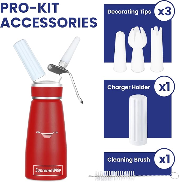 PRO Cream Dispenser, Durable High-Grip, Metal Lid with Rubber, 3 Nozzles, for Hot/Cold Use, Cleaning Brush Included, Red - 250 ml / 1 Pint