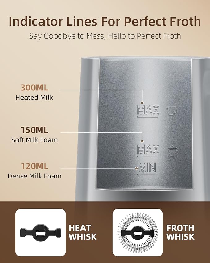 Facelle Milk Frother, 4-in-1 Electric Milk Steamer and Frother, 10oz/300ml Automatic Hot & Cold Foam Maker and Milk Warmer with Auto Shut-Off, for Latte, Cappuccino, Macchiato, Hot Chocolate - Grey