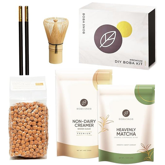 Boba Snob Boba Tea Maker Kit with Organic Ceremonial Tea, Tumbler, Two Stainless Steel Straws, Bamboo Whisk, Teaspoon, and Tapioca Pearls (Small Matcha)