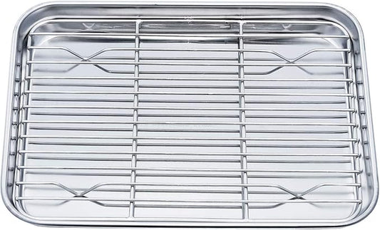 TeamFar Toaster Oven Pan Tray with Cooling Rack, Stainless Steel Toaster Ovenware Pan, Compact 8''x10''x1'', Healthy & Non Toxic, Rust Free & Easy Clean - Dishwasher Safe