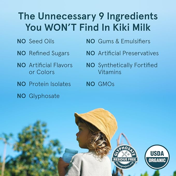 Kiki Milk Plant Based Milk - Organic Unsweetened Kiki Milk - Calcium & Magnesium Source - Gluten Free, Gum Free, GMO Free, Dairy Free, Soy Free, Glyphosate Free - Shelf Stable - (8 oz • Pack of 12)