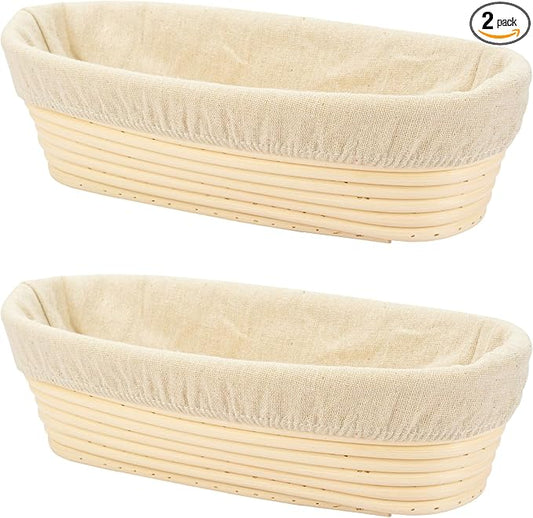 2 PCS 10 inch Oval Long Banneton Brotform Bread Dough Proofing Rising Rattan Basket & Liner for Professional & Home Bakers