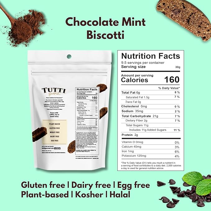 Tutti Gourmet Gluten Free Chocolate Mint Biscotti, 9.9 oz (283g) Resealable Cookie Bag - Vegan and Halal Snacks