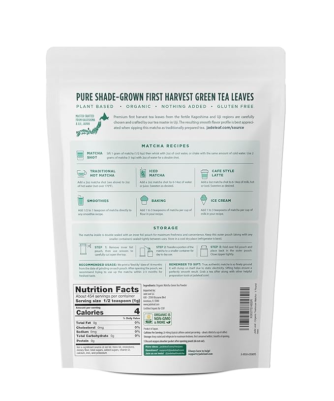 Jade Leaf Matcha Organic Premium Ceremonial Grade Matcha Green Tea Powder - Japanese - Culinary, Ingredient, Ceremonial Barista Teahouse, Latte, Collagen, 16 Ounce (Pack of 1), Ceremonial Teahouse