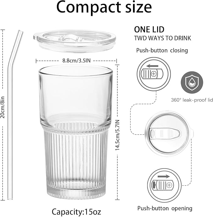 18.5oz Glass Cups with Lids and Straws - Set of 4 Reusable Tumblers, Thickened Shatter-Resistant Glass, Ideal for Iced Coffee, Smoothies, Cocktails, Juices - Elegant & Durable Drinkware