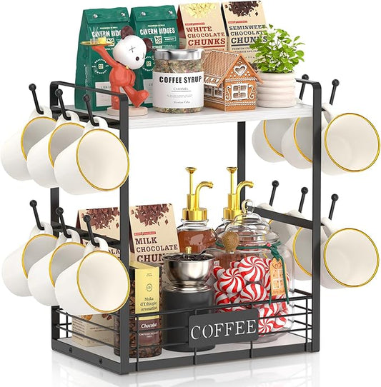 EsLuker.ly Coffee Mug Cup Holder Stand Bar Station Organizer for Countertop, Multi-Functional 2 Tier Mug Tree Rack for Kitchen, Storage Shelf with 12 Hooks, White-Black(Patented Design)
