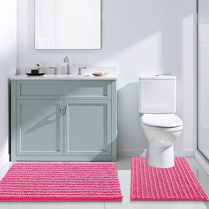 Arotive Luxury Chenille Bathroom Rug Mat, Extra Soft Thick Absorbent Shaggy Bath Rugs, Non-Slip Machine Wash Dry, Plush Bath Mats for Bathroom, Shower and Tub, 24x16, Deep Pink