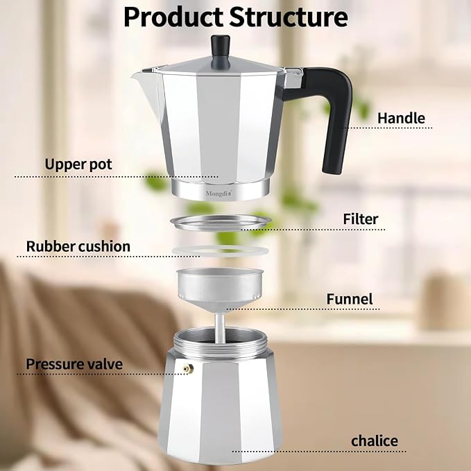 Mongdio Stovetop Espresso Maker Moka Pot, Stove Top Cuban Coffee Maker, Italian Greca Mocha Pot, 6 Espresso Cups, 10 oz - Silver