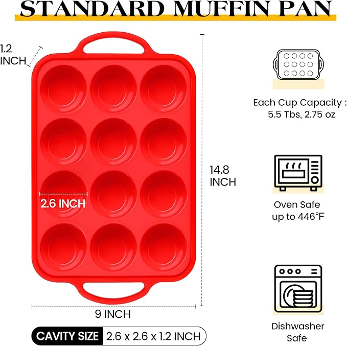 1 Pc Silicone Muffin Pan for Baking with Metal Frame, Nonstick 12 Cup Regular Size Cupcake Pan, Silicone Muffin Tray for Egg Bites (Red)
