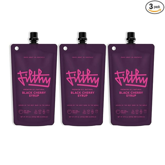 Filthy Black Cherry Syrup, Cocktail Mixer, Black Cherry Syrup, Non-GMO, Gluten Free, Vegan, Made from All Natural Wild Italian Amarena Cherries, 8 Oz Pouch, 3 Pack