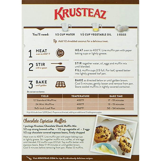 Krusteaz Chocolate Chunk Muffin Mix - No Artificial Flavors/Preservatives - 18.25 OZ Box (Pack of 6)