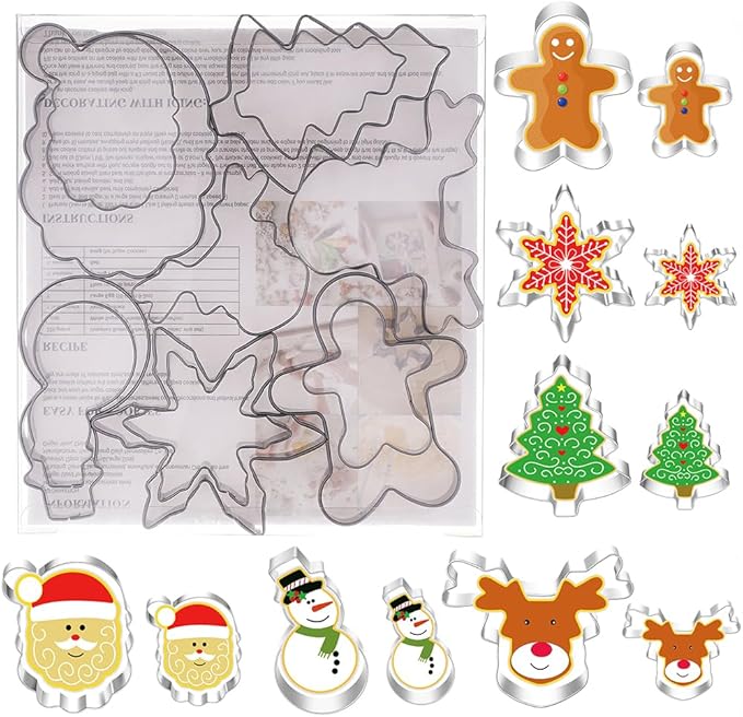 Large Christmas Cookie Cutters,4" Holiday Sturdy Molds thickened Stainless Steel with Recipe Instruction,Snowman, Christmas tree, elk, snowflake.