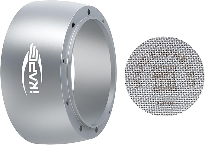 IKAPE Magnetic Dosing Funnel Set, 51MM Espresso Dosing Ring & Puck Screen Kit Compatible with Delonghi 51MM Bottomless Portafilter - with 8 Small Magnet (Silver)
