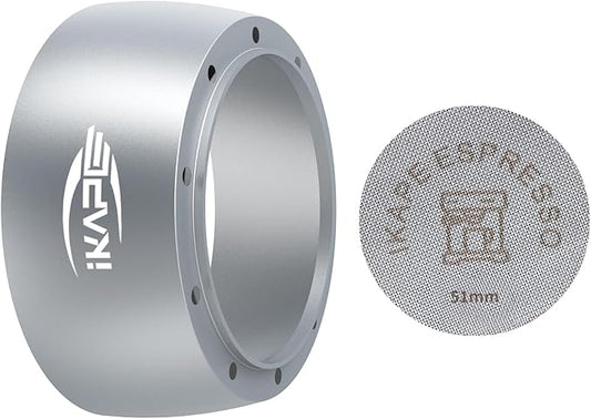 IKAPE Magnetic Dosing Funnel Set, 51MM Espresso Dosing Ring & Puck Screen Kit Compatible with Delonghi 51MM Bottomless Portafilter - with 8 Small Magnet (Silver)