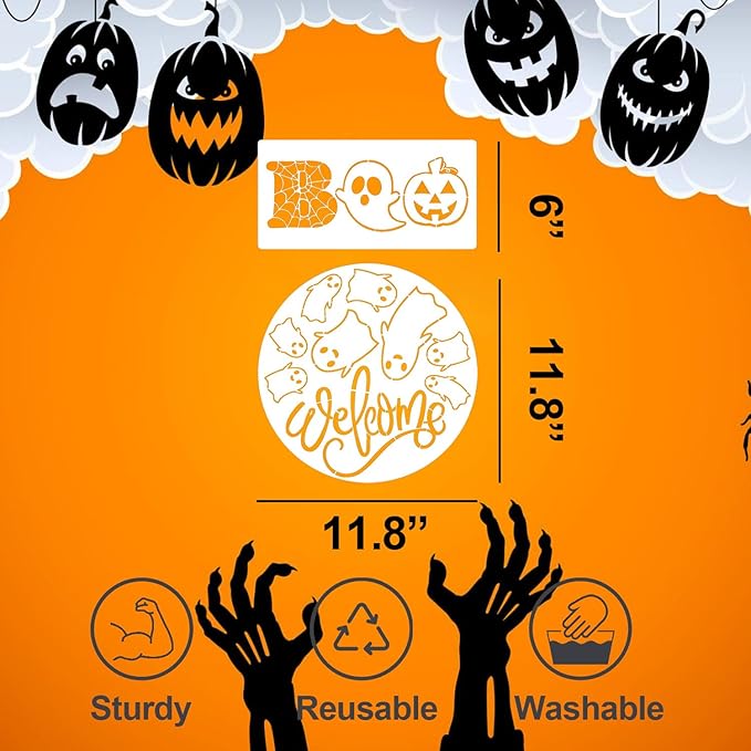 Halloween Stencils for Painting 12inch Large Reusable Halloween Stencil for Door Hanger Round Skeleton Ghost Boo Templates for Wood Walls Windows Door Mat Fabric