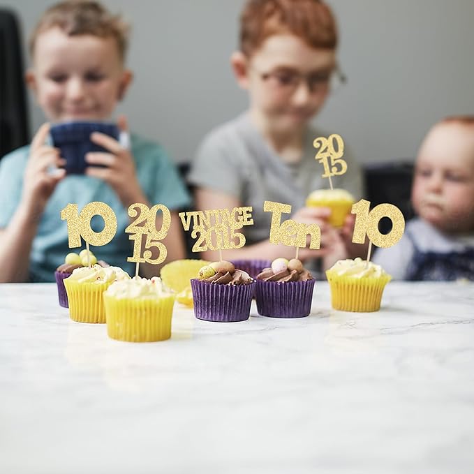 Gyufise 24Pcs Double Digits 10 Cupcake Toppers Glitter Ten Vintage 2015 10th Birthday Cupcake Picks Hello 10 Years Birthday Cake Decorations for Happy 10th Birthday Anniversary Party Supplies Gold