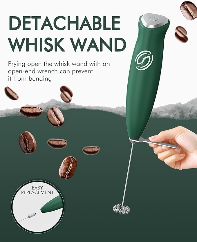 Milk Frother With Stand Handheld Frother Wand Drink Mixer Handheld Coffee Stirrers Electric Frother for Coffee Mixer Wand with 2 Whisk frother for protein powder-Green