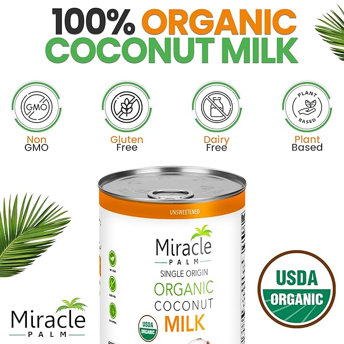Miracle Palm Coconut Milk Unsweetened - Coconut Milk Canned, Additive Free Organic 13.5 Fl Oz (Pack of 12)