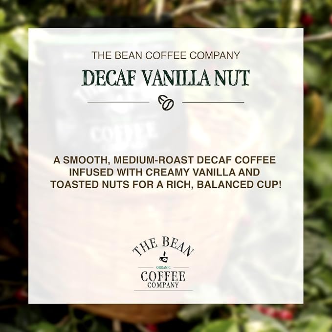 The Bean Organic Coffee Company Water Processed DECAF Vanilla Nut, Medium Roast, Ground Coffee, 16-Ounce Bag, Café Molido Tostado Orgánico descafeinado