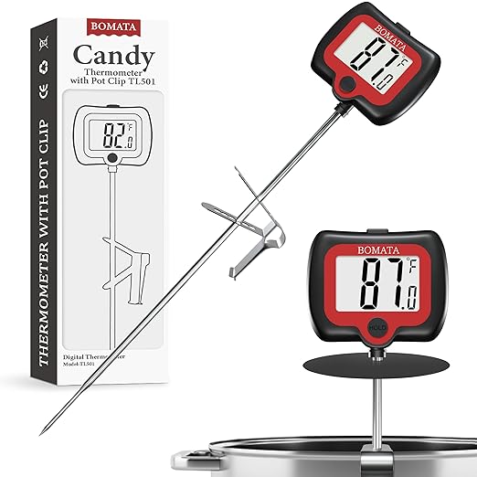 BOMATA Candy Thermometer with Pot Clip, Instant Read Cooking Thermometer with 8" Long Probe, Rotating Display, for Candy Making, Food, Candle Making, Liquids, Water, Baking, Sugar, Grilling. Black