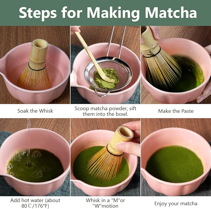 Pink Matcha Kit, 7 Pcs Matcha Whisk Set Includes Matcha Bowl with Spout, Bamboo Whisk, Chasen Holder, Sifter, Scoop and Rest, Tea Towel, Matcha Making Kit Tools for Family/Friend