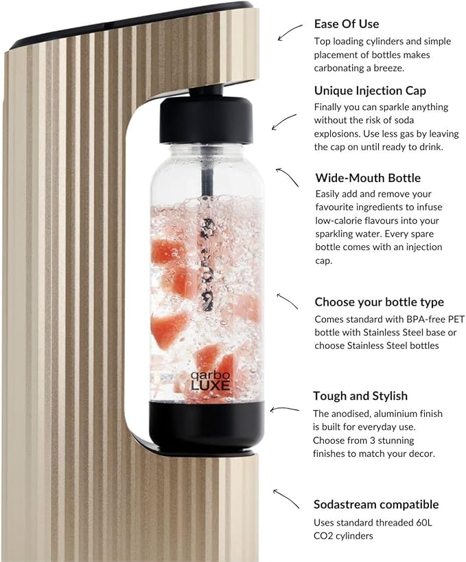 Twenty39 qarbo LUXE Premium Metal Sparkling Water Maker Machine - Soda Beverage Carbonator for Home, Seltzer Water Carbonation Fizz Maker (includes two CO2 cylinders)