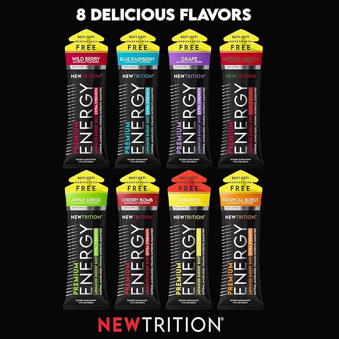 NewTrition® Extra Strength Energy Shots, 250mg Caffeine Energy Shots with Vitamin B & Amino Acids, Sugar-Free Vitamin Energy Shot, 1.7 fl oz (Pack of 24, Tropical Burst)