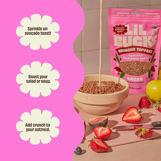 Lil Bucks Sprouted Regeneratively Grown Buckwheat Seeds– Paleo Cereal, Gluten-Free Granola, High in Protein, Low Sugar, Organic Superseed Crunch (CACAO, 3 Pack)