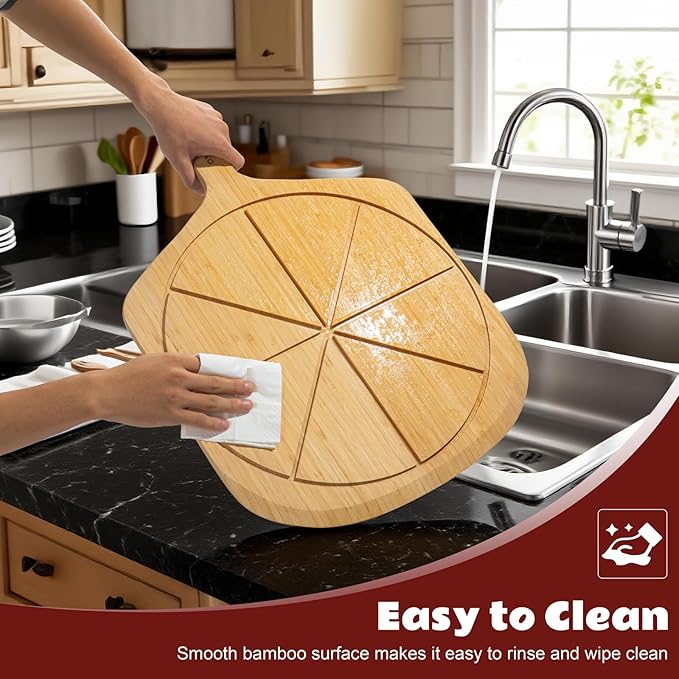Wood Pizza Peel 16 Inch Pizza Paddle Spatula Serving Board Bamboo Pizza Cutting Boards with 8 Slice Grooves and Handle for Kitchen Oven Pastry Pizzas