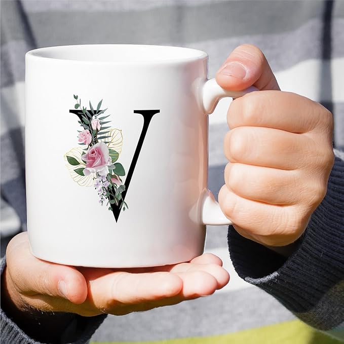 Retreez Initial A-Z Floral Botanical Bouquet Alphabet Monogrammed Monogram Mug 11 Oz Ceramic Tea Coffee Mugs - Appreciation Thank You Wedding Birthday Gifts for her friend coworker sister - V Initial