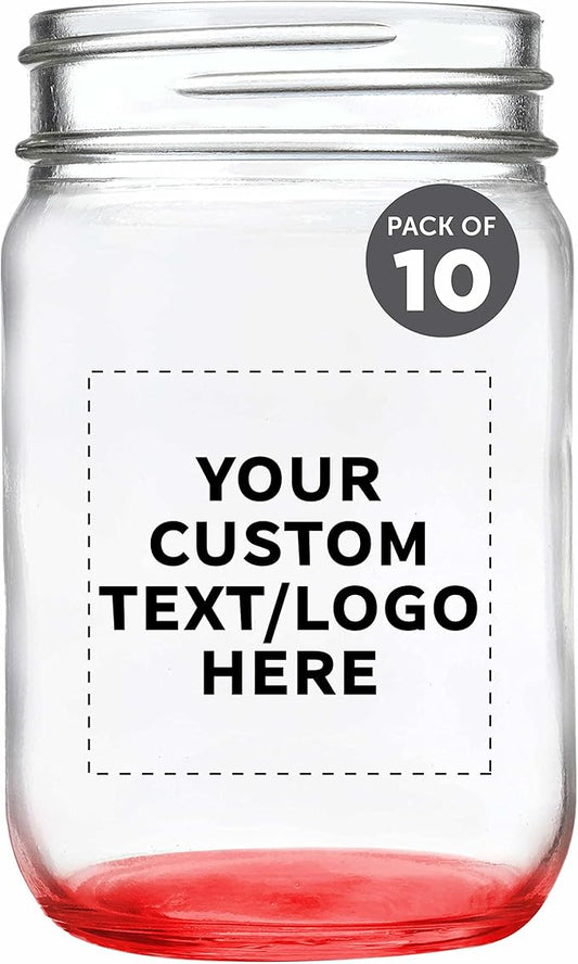 DISCOUNT PROMOS Custom Decorating Mason Jars 12 oz. Set of 10, Personalized Bulk Pack - Glass Jars for Overnight Oats, Candies, Fruits, Pickles, Spices, Beverages - Red