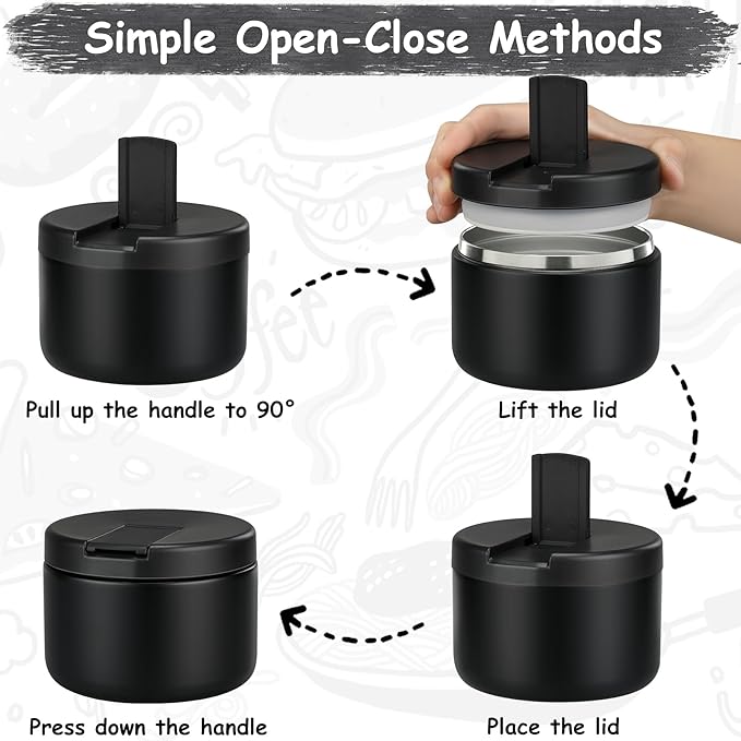 12oz Insulated Vacuum Food Jar with Buckle Lid Wide Mouth Soup Thermo for Hot Food Kids Leakproof Stainless Steel Lunch Container- Black- 1Pack