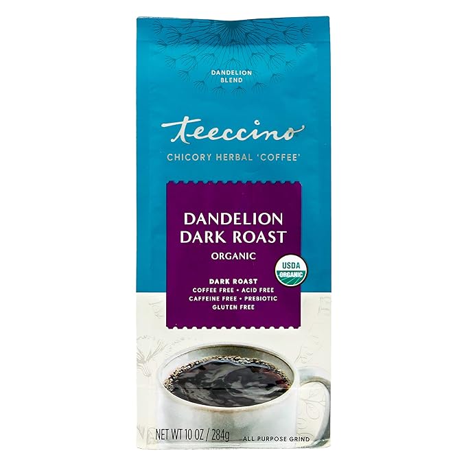 Teeccino Dandelion Dark Roast Herbal Coffee - Caffeine-Free Coffee Alternative with Prebiotics, Gluten Free, Acid Free, Organic - 10 oz (Pack of 3)