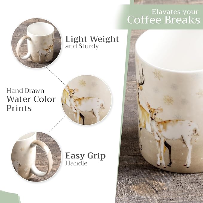 Maison d' Hermine Coffee Mug with Handles Fine Bone China Mugs Pack of Two Tea Cups for Hot Beverages Cappuccino Latte Home Restaurant Office Perfect for Gift (Deer In The Woods, 12 Ounce)