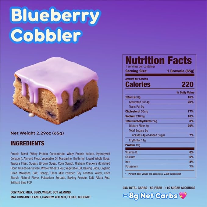Prime Bites Protein Brownie from Alpha Prime Supplements | High Protein, Collagen Fortified Low Sugar Treat | Delicious Snack | 12 Bars per Box (Blueberry Cobbler)